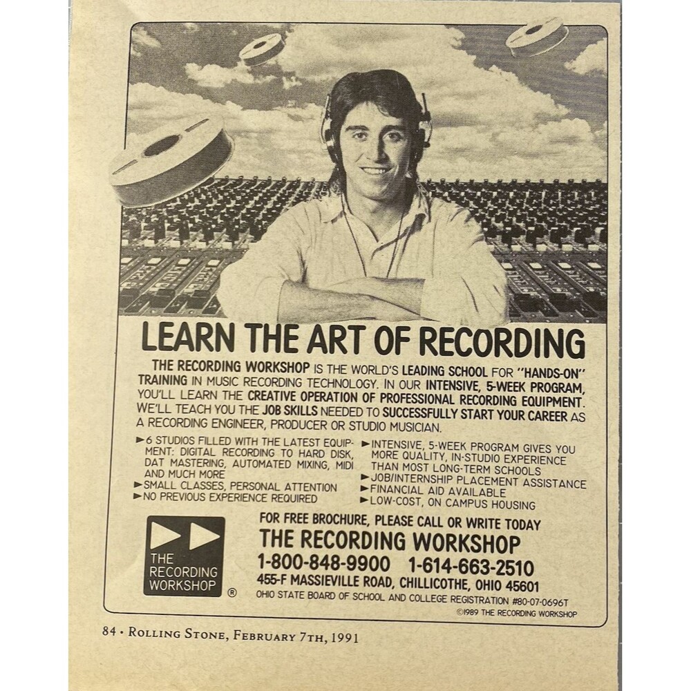 The Recording Workshop "Learn the Art of Recording" Vintage Print Ad 1991